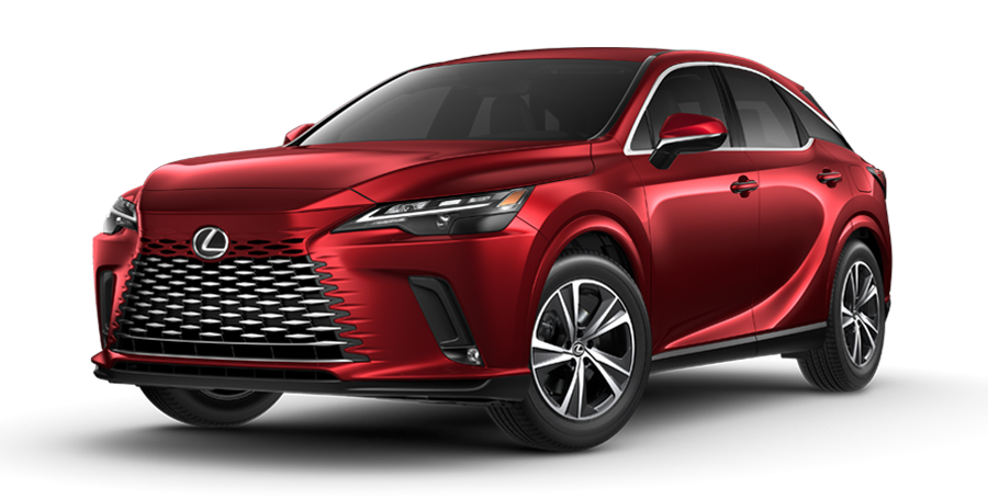 Exterior of the 2023 RX 350h AWD shown in Matador Red Mica.