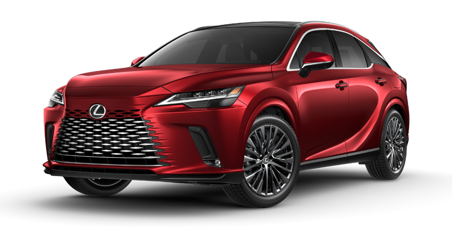 Exterior of the 2023 RX 350 Luxury shown in Matador Red Mica.