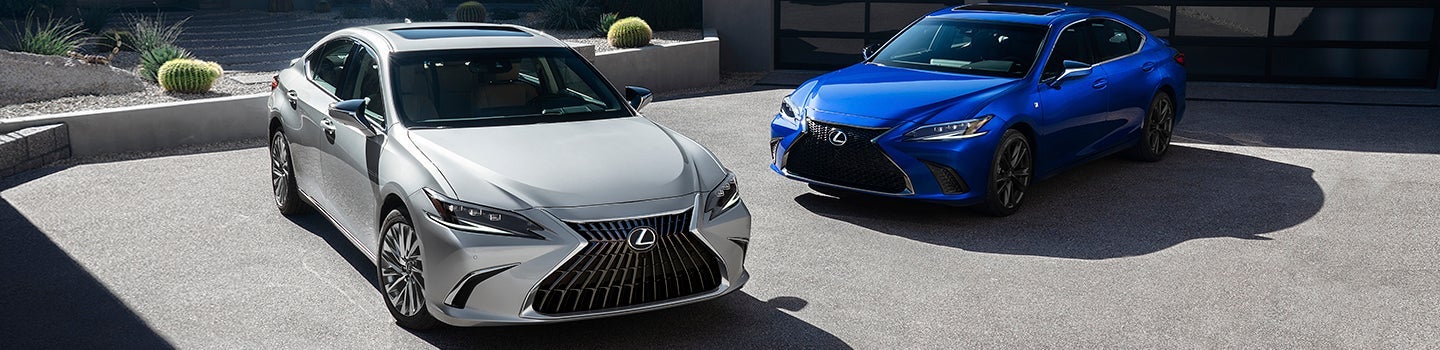 Exterior of the Lexus ES Hybrid shown in Iridium and the ES F SPORT Handling shown in Ultrasonic Blue Mica 2.0.