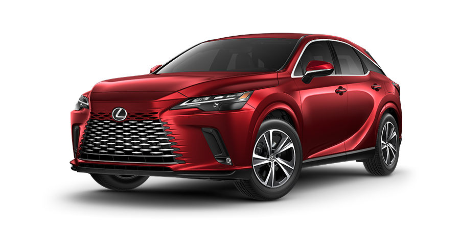 Exterior of the 2024 RX 350h AWD shown in Matador Red Mica.